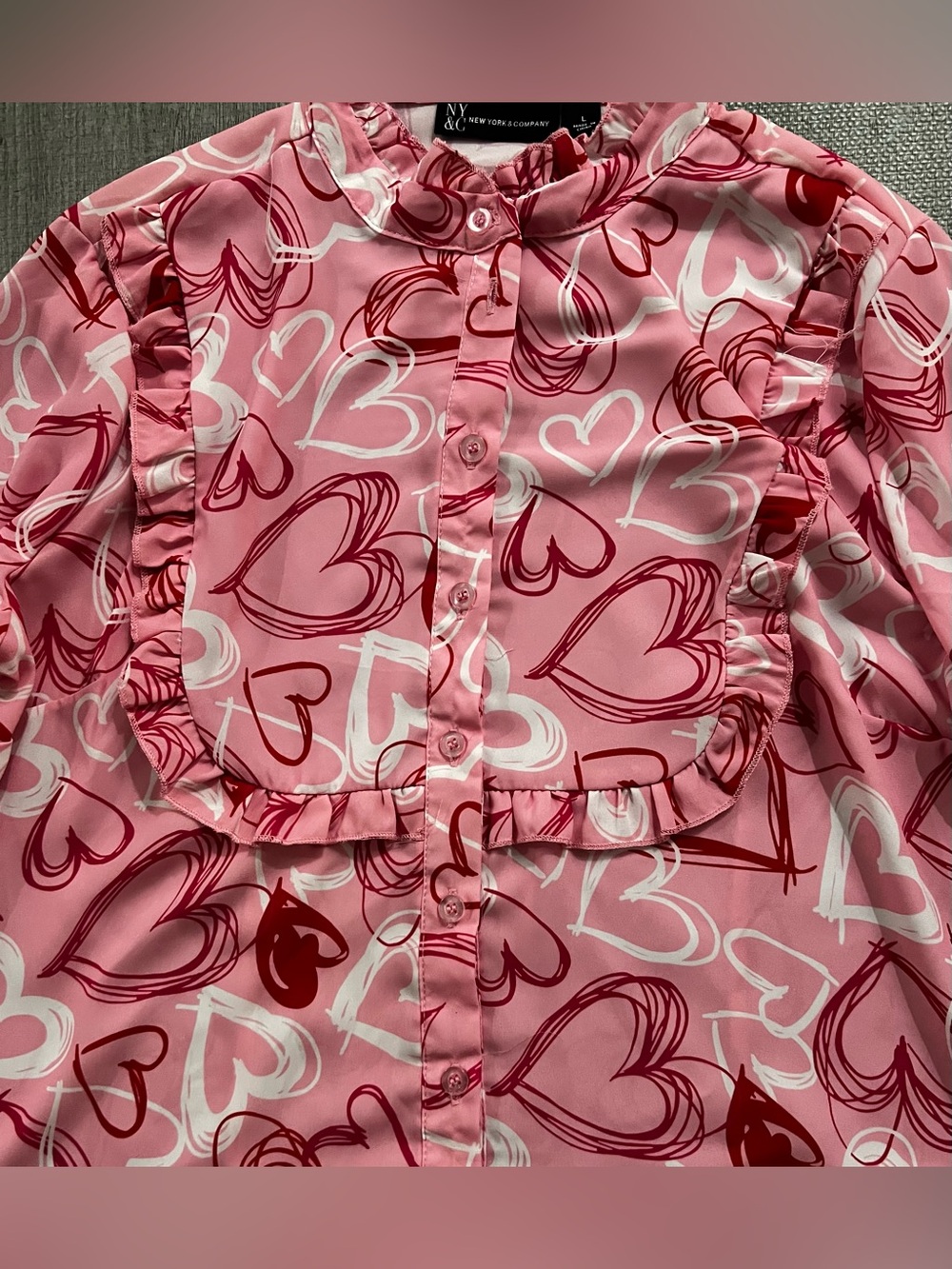 New York & Company Pink Heart Print Chiffon Ruffle High Neck Blouse Women's L